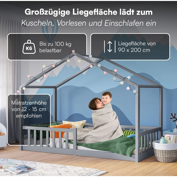 Bellabino 'Bia' Hausbett 90x200 cm, grau, Kiefer Massivholz, Bodenbett in Hausoptik, Montessori Kinderbett mit Rausfallschutz und Lattenrost – Bild 5