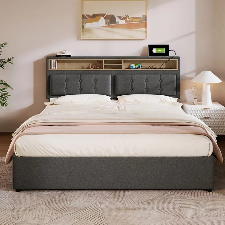 Doppelbett mit 4 Schubladen, höhenverstellbarem Kopfteil & USB-C Ladestation, Leinen, 160x200 cm, Grau, mit Matratze – Bild 2