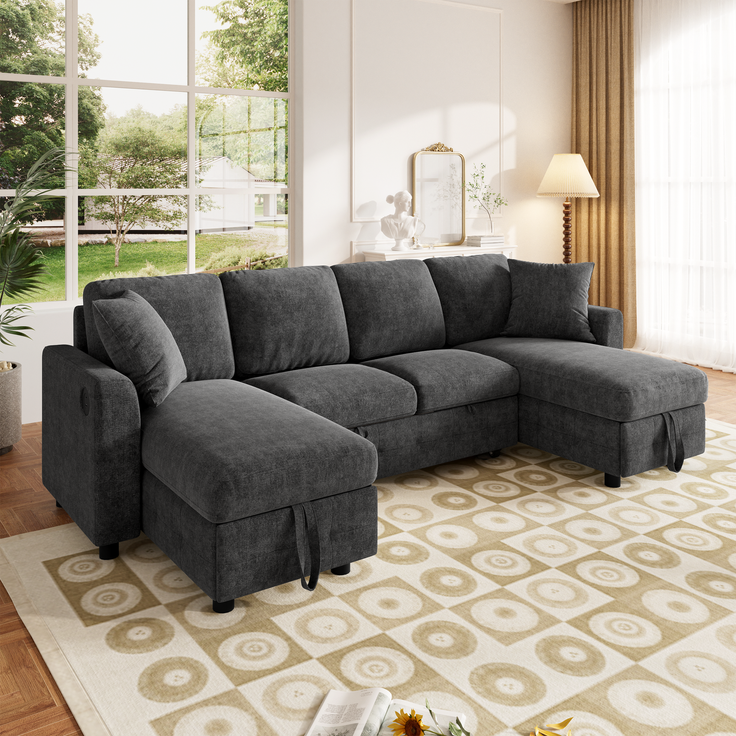 ZUBALIYA Schlafsofa 61x107 cm, mit USB - Anschluss, mit Stauraum, mit Ausziehbett, mit Chenille - Bezug, mit breiten Armlehnen, Grau – Bild 8