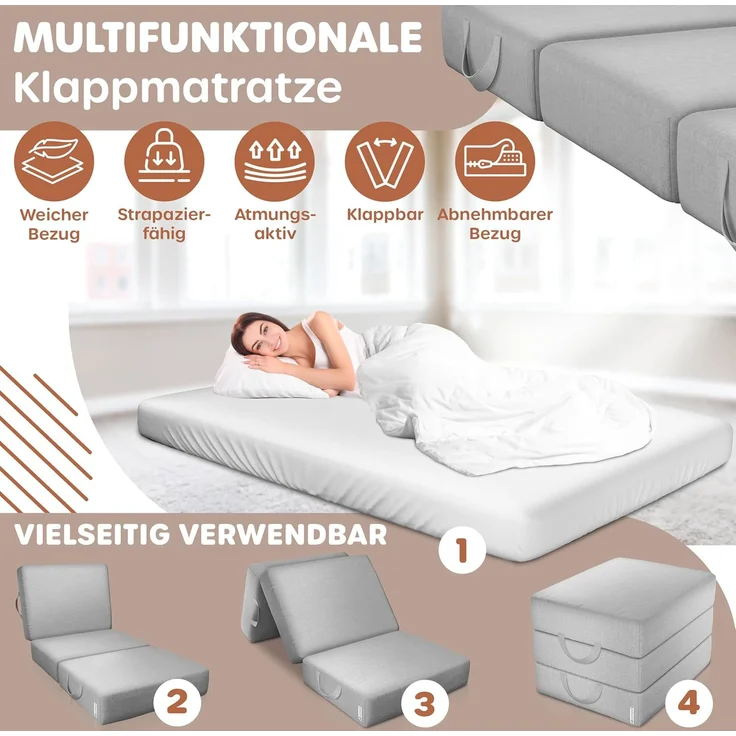 KESSER® Klappmatratze, 3-fach faltbar zum Sitzhocker, Schaumstoff 25kg/m³, extra dick 15cm, atmungsaktiv, waschbar, abnehmbarer Bezug, Matratze inkl. Camping Tragetasche Grau, 140 x 195 x 15 cm – Bild 3