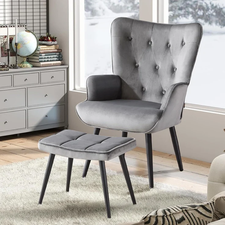 Sessel Ohrensessel Samt Relaxsessel Fußstütze mit Hocker Grau – Bild 8