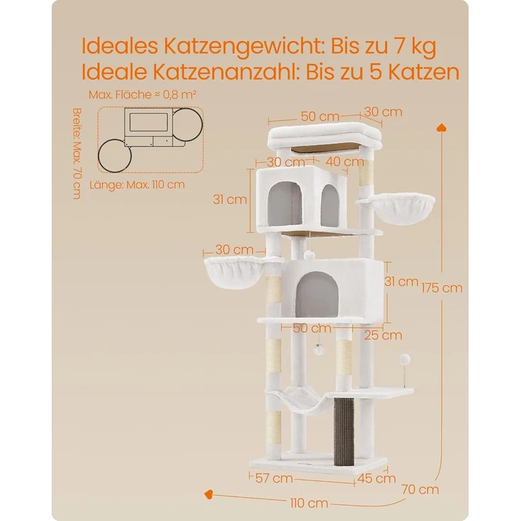Feandrea Kratzbaum groß, 174 cm hoch, XL, mehrstöckiger Katzenbaum mit 2 Höhlen, 2 Liegemulden, 5 Kratzsäulen, Katzenbürste, große Plattform, cremeweiß – Bild 5