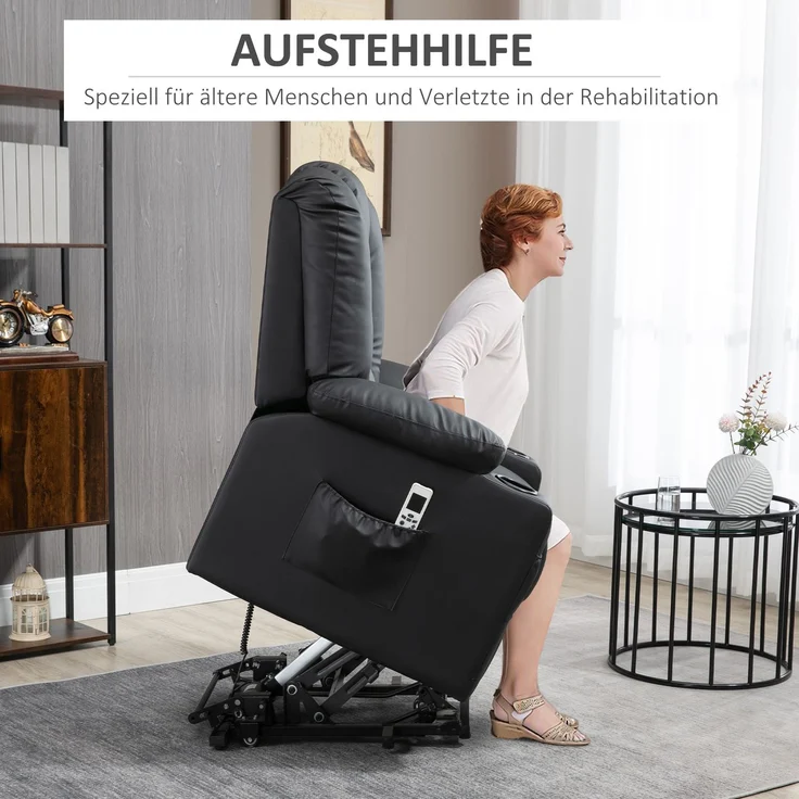 Wohnora-Relaxsessel mit Aufstehhilfe, USB, Massagefunktion, Kunstleder, bis 150 kg, 90x98x102 cm, Schwarz,H 1020cm x T 900cm x B 980cm – Bild 5