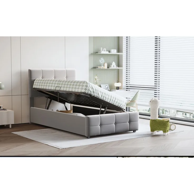 Polsterbett 90x200 cm mit Stauraum aus Samt und höhenverstellbarem Kopfteil – Kinderbett mit hydraulischem Bettkasten
