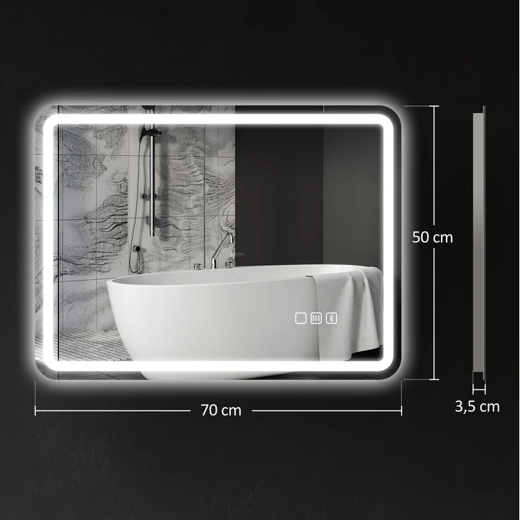 MELAYR, Badezimmerspiegel mit LED-Beleuchtung, Anti-Beschlags-Pad, 3 verstellbare Farben, 70 x 50 x 3.5 cm, Silber – Bild 5