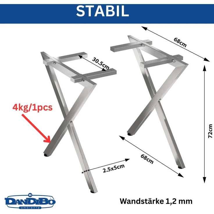 DanDiBo 2x Tischbeine Edelstahl 72 x 68 cm Tischgestell Höhenverstellbar 96678 Tischfüße Möbelfüße Tischkufen Esstisch Beine – Bild 2