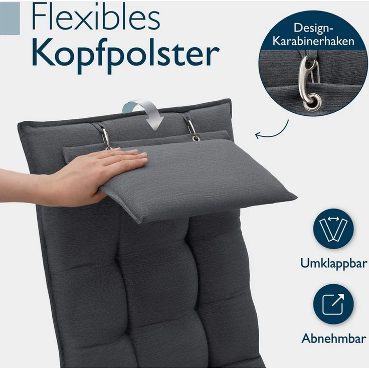 Beautissu Hochlehnerauflage 3er Set Sun-HL Hochlehner Auflage 120x50x8cm Anthrazit, Mit Kopfpolster, rutschfest & robust – Befestigungsbänder, UV 5 – Bild 4