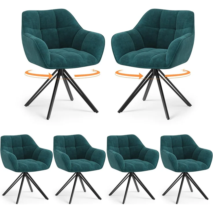 COLAMY Drehstühle für Esszimmer, 6er Set, Drehbare Polsterstühle mit Armlehnen und Rückenlehne, Bequeme Küchenstühle für Wohnzimmer & Essbereich, Grün