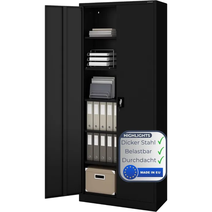 Aktenschrank abschließbar KADO - 6 Ebenen verstellbar, Flügeltüren | Metallschrank Werkstatt Mehrzweckschrank Büroschrank aus Stahl Werkzeugschrank, 220 x 90 x 40 cm Schwarz