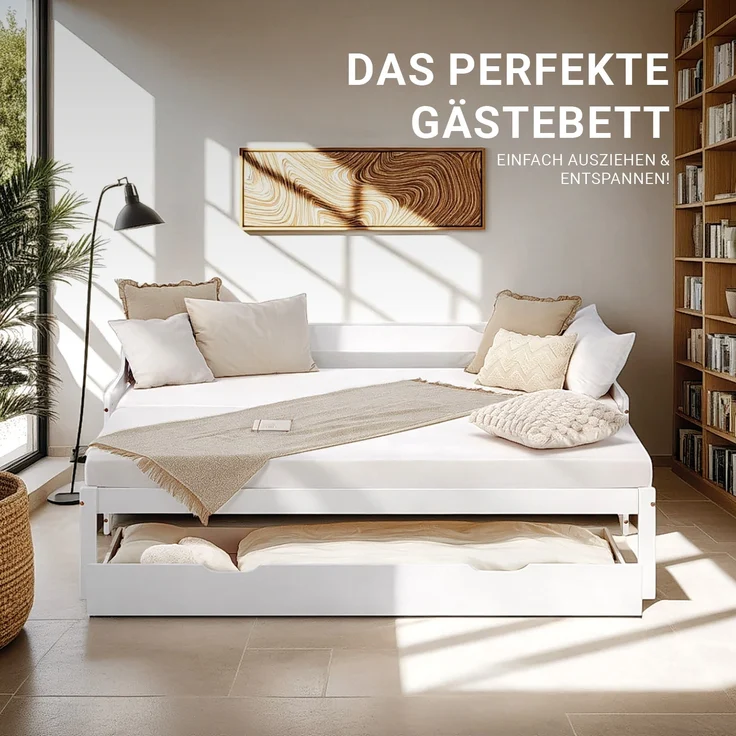 Gästebett Holzbett 90x200 cm mit 2 Matratzen Weiß Stauraum Tagesbett ausziehbar Jugendbett Ausziehbett Bett mit Bettkasten – Bild 6