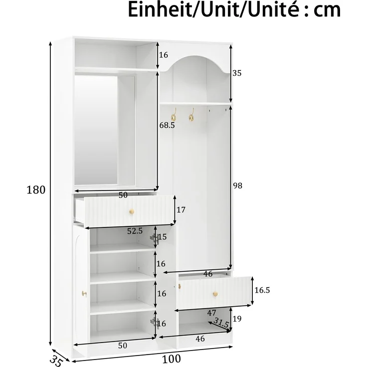 Kompaktgarderobe mit Spiegel und Sitzbank,Flurgarderobe mit Schuhschrank und Haken, Kleiderhaken,Kompaktgarderobe,Flurmöbel Set,Flurgarderobe,LED-Streifen mit einstellbarer Farbe--Weiß--100x35x180cm--YOUDENOVA – Bild 4
