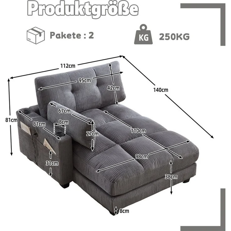 LVHOM Polsterliege Ottomane/Loungesofa/Polsterbett/Daybett/Gästebetten/Schlafsofa (USB/Typ C-Ladeanschlüssen, Seitentaschen, Getränkehalter, modularer Flexibilität Palmen Sessel, links & rechts tauschbare Armlehnen, Schlaffunktion, Platzsparend, 2-St, ... – Bild 2