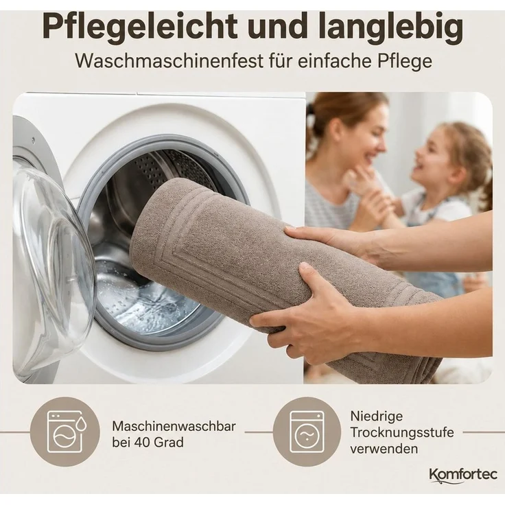 Komfortec Badematte Badvorleger aus 100% Baumwolle, Waschbar Duschmatte, Frottee, Rechteckig, 600 g/m², 2er Set, Saugfähig & Schnelltrocknend – Bild 4