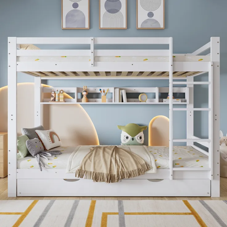 Etagenbett, Kinderbett ausziehbares Bett mit Rollen 2m Regal stabile Bettlatten und Leiter, Kiefer+MDF+Sperrholz, Weiß, 90x200cm