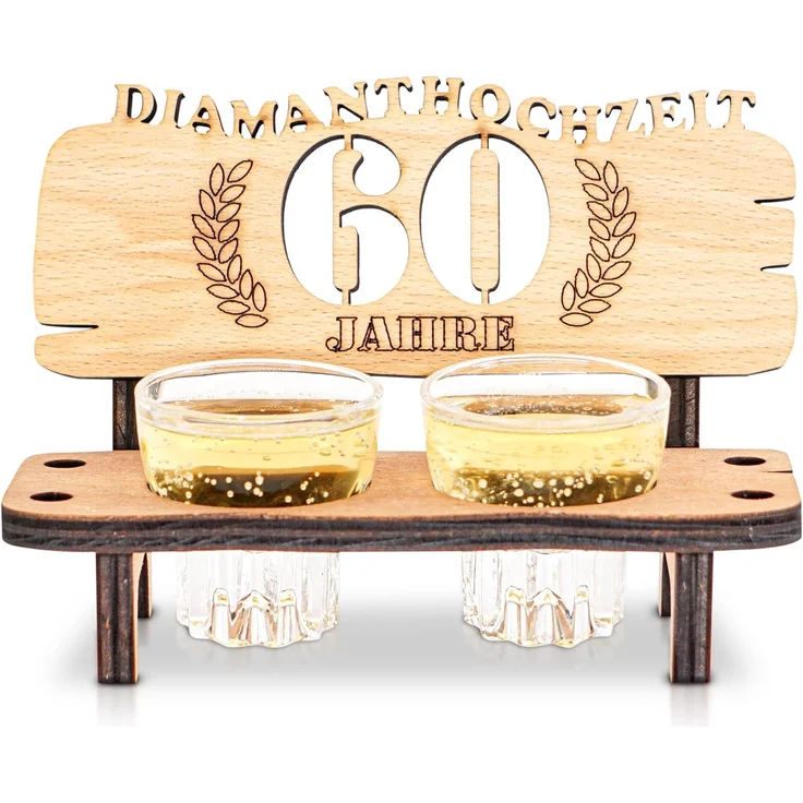 DARO Design - Schnapsbank 60. Hochzeitstag Diamanthochzeit Geschenk Deko für Paare Männer Frauen aus Holz mit Gläsern