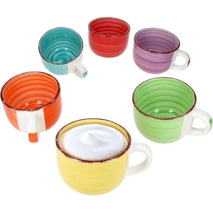 MamboCat Becher 6er Set Uni Jumbotasse 400ml 6 Personen bunte XL-Becher Kakao Kaffee, Steingut – Bild 1
