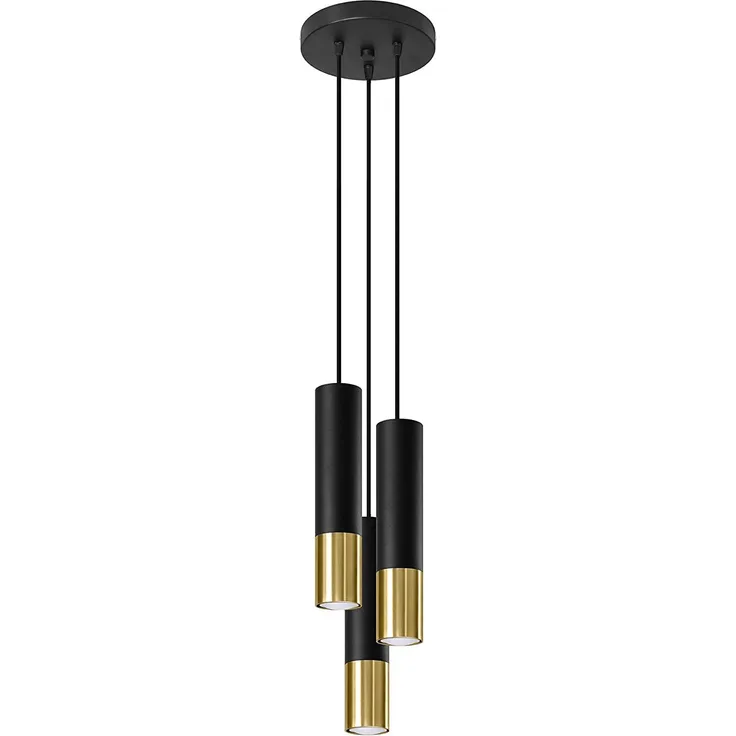 Pendelleuchte, Schwarz, Gold, Stahl, 3-flammig, H 100 cm