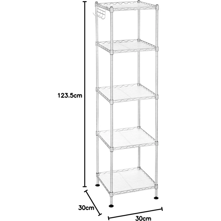 Songmics Badezimmerregal, Standregal, Metallregal, bis 100 kg belastbar, mit 5 PP-Platten, abnehmbare Haken, 30 x 30 x 123,5 cm, erweiterbar, für kleine Räume, silbern-transparent LGR023S01 – Bild 3