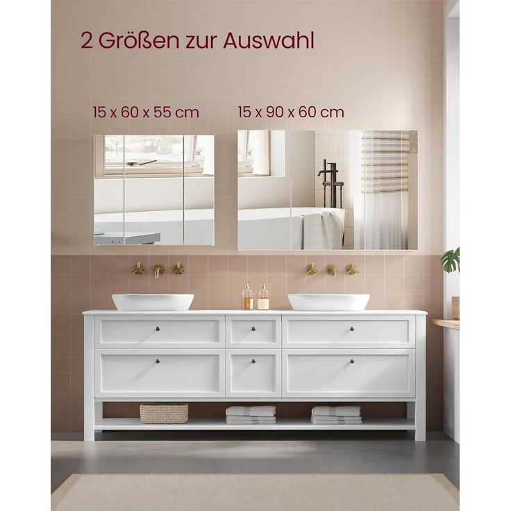 Vasagle Spiegelschrank, Badezimmerschrank, Aufbewahrungsschrank mit 3 Türen, fürs Badezimmer, 15 x 60 x 55 cm, mit verstellbaren Regalebenen, modern, weiß BBK22WT – Bild 6