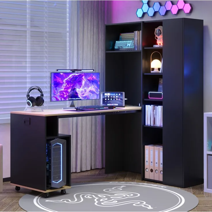 Klappschreibtisch mit Regal, USB-Anschluss & verstellbaren Ablagen, 104,5x30,5x160 cm, Schwarz/Eiche