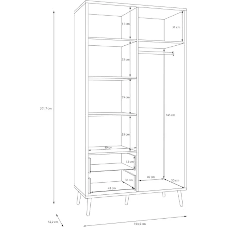 Forte HARLLSON Kleiderschrank 100 110, Mid-Century-Modern Stil, leichte Montage Dank EasyKlix by Forte, 2-türig, 2 Schubladen, Holzwerkstoff, Weiß, 104,5 cm breit x 201,7 cm hoch x 52,2 cm tief – Bild 7