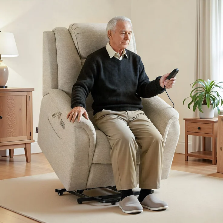 M MCombo Fernsehsessel mit Aufstehhilfe Elektrisch, 2 Rollen für Mobilität, Massage & Heizung, Verstellbare Kopfstütze, Sessel mit Aufstehhilfe 35D Vollschaum-Sitzkissen 7269 (Stoff, Beige) – Bild 5
