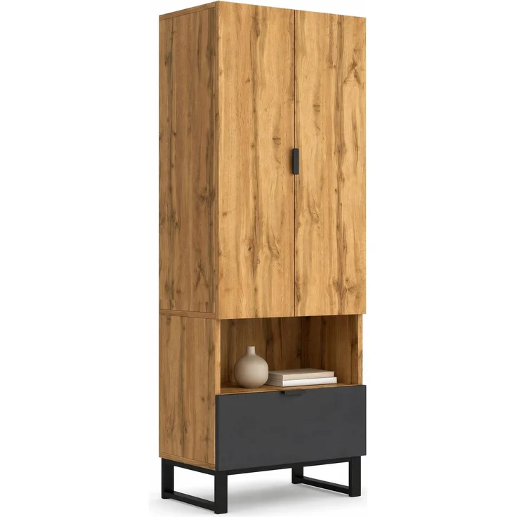 DESVIAE Garderobenschrank mit Kleiderstange und Schublade, 65x180x38 cm, Spanplatte, Natur/Schwarz – Bild 7