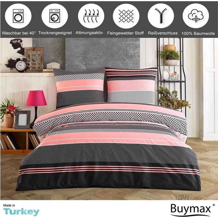Buymax Bettwäsche Zigo, Renforcé, 4 teilig, Bettbezug-Set 135x200 cm 100% Baumwolle mit Reißverschluss, Streifen