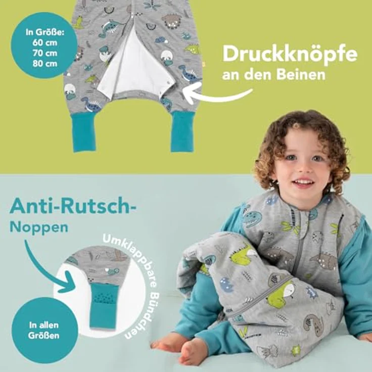 schlummersack Baby Schlafsack mit Füßen 2.5 Tog 80 cm Dino aus Modal | Schlafsack mit Beinen und verlängerten Bündchen für eine Körpergröße von 80-90cm – Bild 4