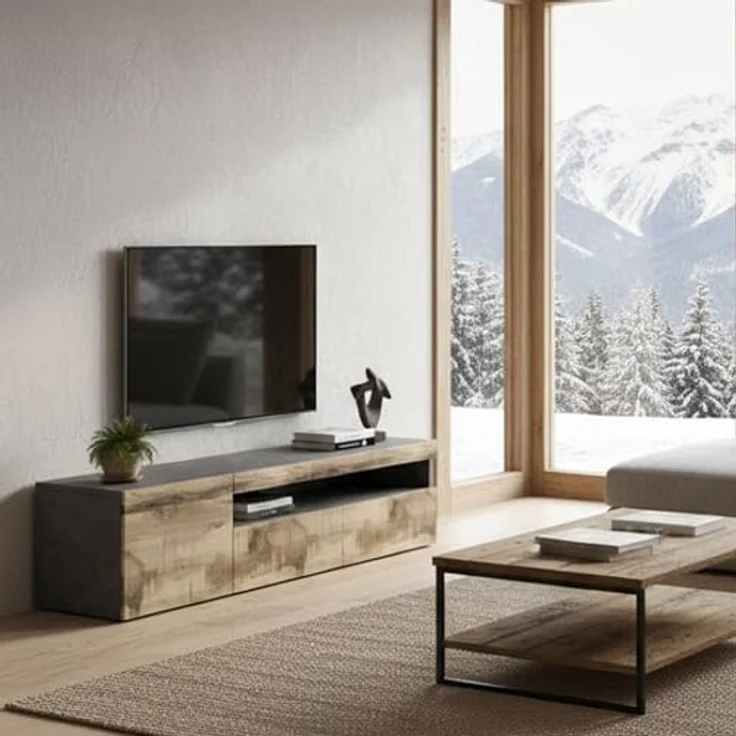 Dmora - TV-Schrank Claudio, niedriges Wohnzimmer-Sideboard, Fernsehständer-Basis, 100 % Made in Italy, 150 x 40 x 37 cm, Schiefer und Ahorn, – Bild 4
