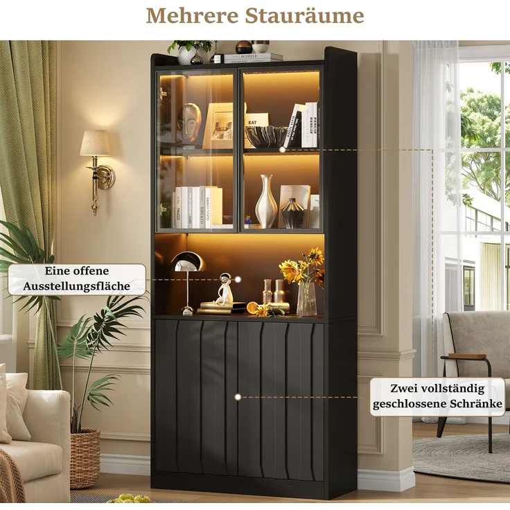 80x35x200cm LED Vitrine, Hochschrank mit Glasschranktüren, Hochschrank Glasvitrine mit LED und Offene Partition,Wohnzimmerschrank mit Glastüren, Küche, Arbeitszimmer, Eingangsbereich,Schwarz--Schwarz--80x35x200cm--YOUDENOVA – Bild 10