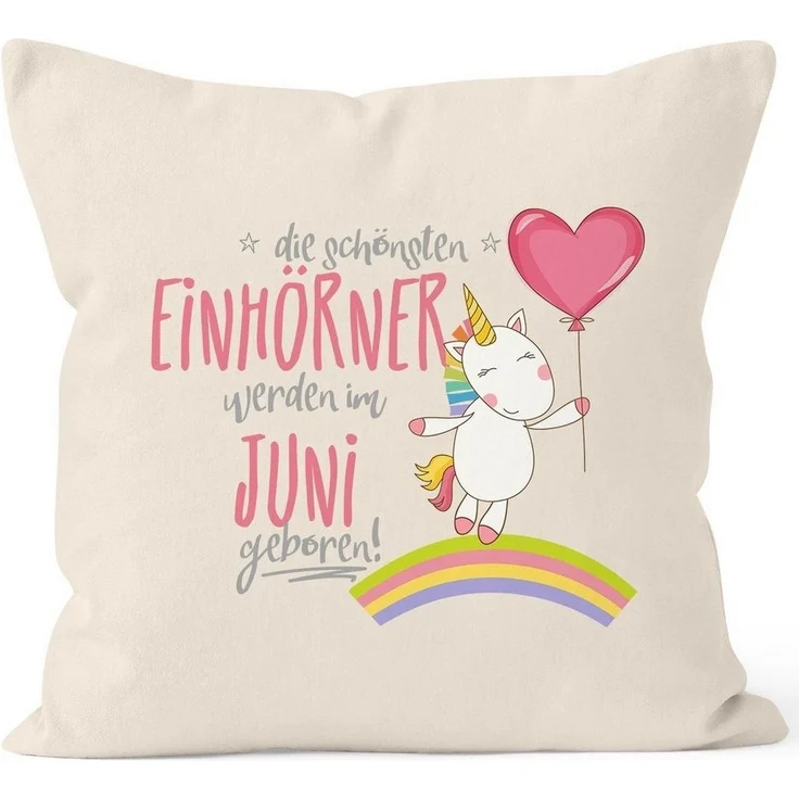 MoonWorks Dekokissen Kissenbezug die schönsten Einhörner werden im Juni geboren Kissen-Hülle Deko-Kissen 40x40 Baumwolle MoonWorks® – Bild 1