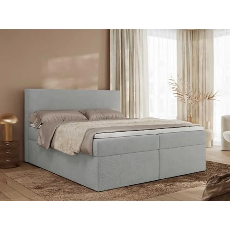 MKS Boxbett Jaguar, Hellgrau, 2-Sitzer, H3, 7-Zonen, Rechteckig, 200x200 cm, Oeko-Tex®, mit Bettkästen und Topper