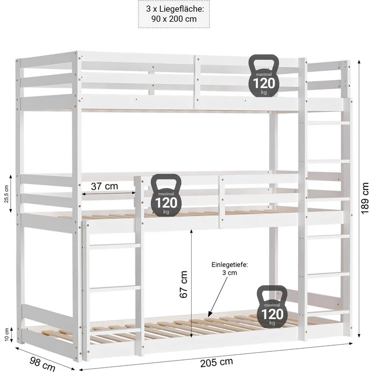 Homestyle4u Etagenbett mit 3 Liegeflächen, Kiefernholz weiß, 90x200 cm – Bild 3