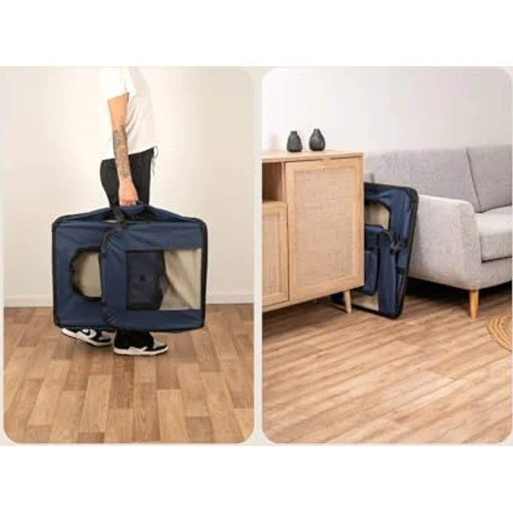 lionto Hundetransportbox, Faltbar, für Reise & Auto, 90x61x65 cm, Blau | Stabile Hundebox aus Stoff mit Netzfenstern, Tragegriffen, weicher Decke & Taschen, für Katzen & Hunde bis 22 kg geeignet – Bild 2