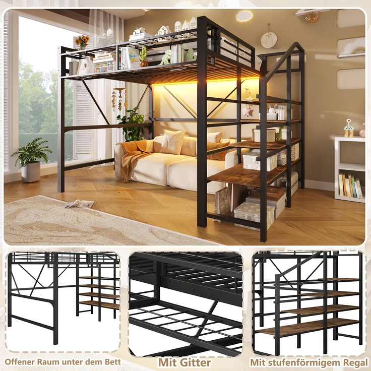 EINHOM Hochbett, 140 x 200 cm, Metallbett, Stufen-Ablageregal, Gitterelemente, Aufbewahrungskorb, Offener Stauraum unter dem Bett, mit LED-Lichtleiste, Schwarz (Ohne Matratze) – Bild 7
