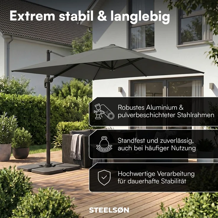 STEELSØN 'Lyrion' Sonnenschirm 300x300 cm quadratisch, neigbar und 360-Grad drehbar, anthrazit, Ampelschirm inkl. Abdeckung, UV50+ – Bild 6