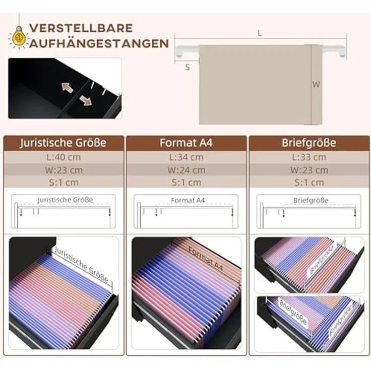 Vinsetto Rollcontainer Aktenschrank mit 3 Schubladen, Bürocontainer abschließbar, (Büroschrank, 1 St, Standcontainer), für A4-Format, Stahl, Schwarz, 37 x 43,5 x 60 cm – Bild 5