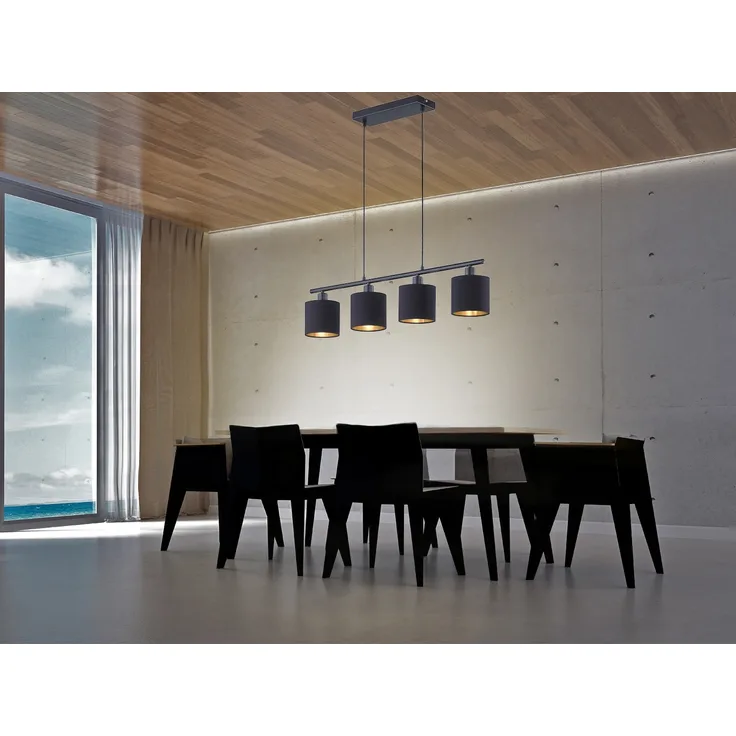 LED Pendelleuchte 4-flammig Stoff Lampenschirme Schwarz/Gold, Breite 75cm