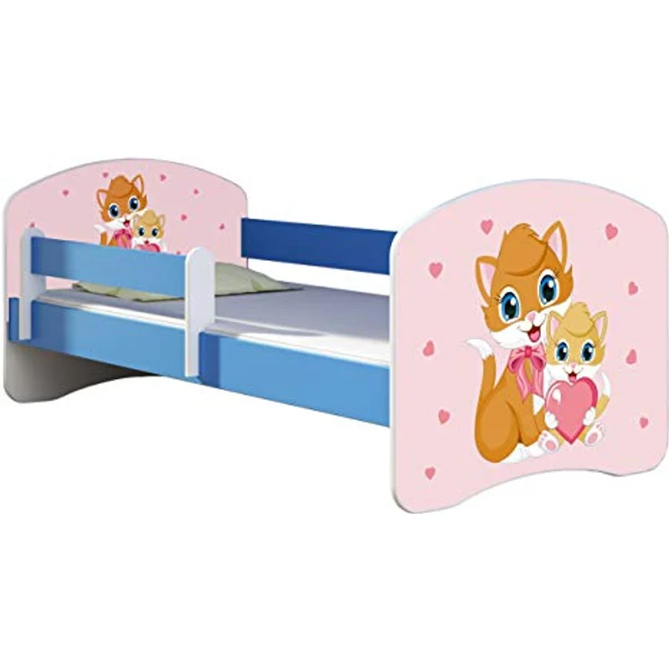 ACMA Kinderbett Jugendbett mit Einer Schublade und Matratze Blau mit Rausfallschutz Lattenrost II 140x70 160x80 180x80 (33 Miezekatzen, 140x70) – Bild 2