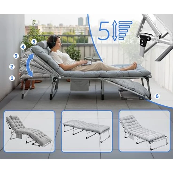Sofotel Klappbares Gästebett und Sonnenliege mit Matratze und Kissen - 5-stufig verstellbare Gartenliege - für Schlaf und Entspannung - 193 x 67 x 40-75,5 cm - für Camping, Garten und Gäste - Grau – Bild 7