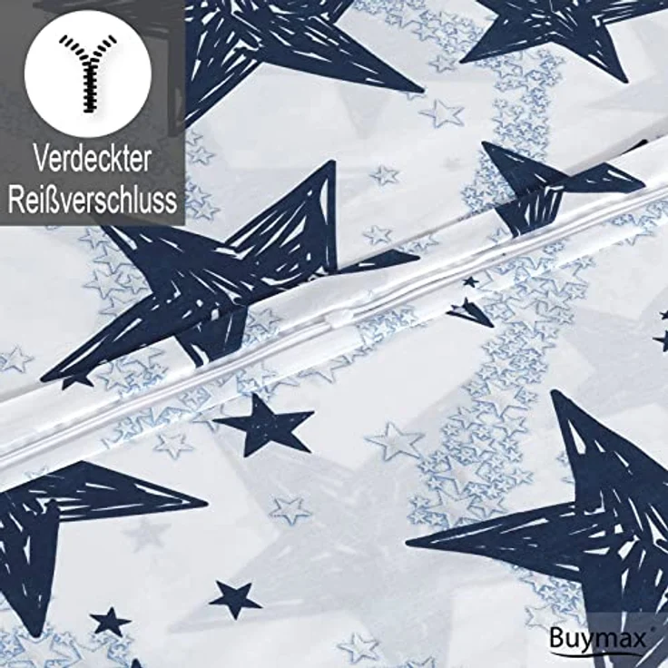 Buymax Bettwäsche, Renforcé: 100% Baumwolle, 3 teilig, Bettbezug-Set, 200x200 cm, mit Reißverschluss Sterne Stars Weiß Blau – Bild 5