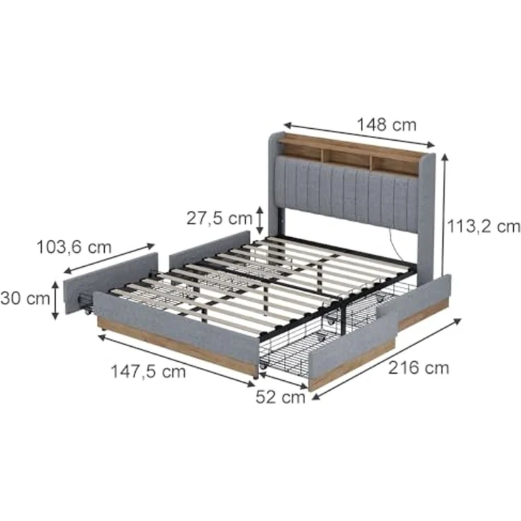 Polsterbett Nura Grau 140x200 cm mit 4 Schubladen Vitalispa – Bild 3