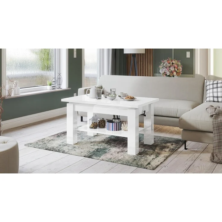 designimpex Couchtisch Couchtisch Astoria Weiß Hochglanz höhenverstellbar ausziehbar Esstisch, Funktionstisch, Wohnzimmertisch, Tisch, Esstisch, Sofatisch – Bild 3