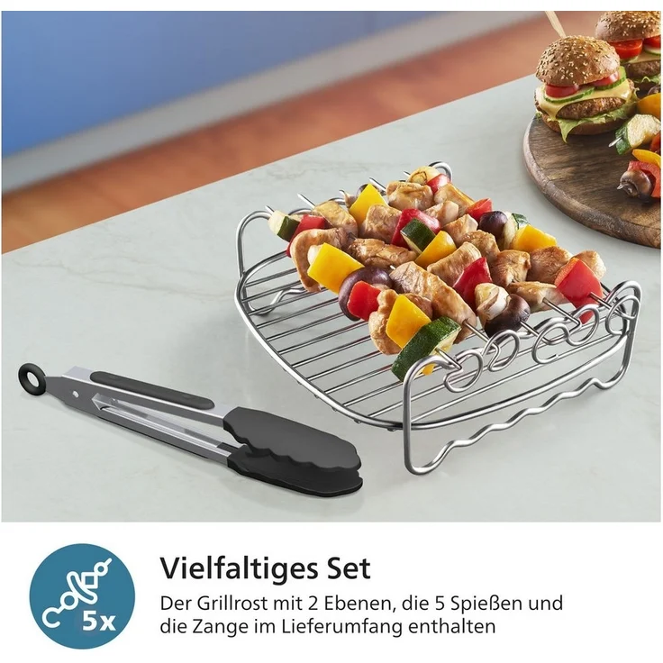 Philips Airfryer-Grillrost HD9920/00 für Airfryer 6,2 l, 8,3 l und 9 l (7-St, Grillrost, 5 Spieße u.Zange im Lieferumfang), mit 2 Ebenen, HomeID App und spülmaschinenfesten Teilen – Bild 3