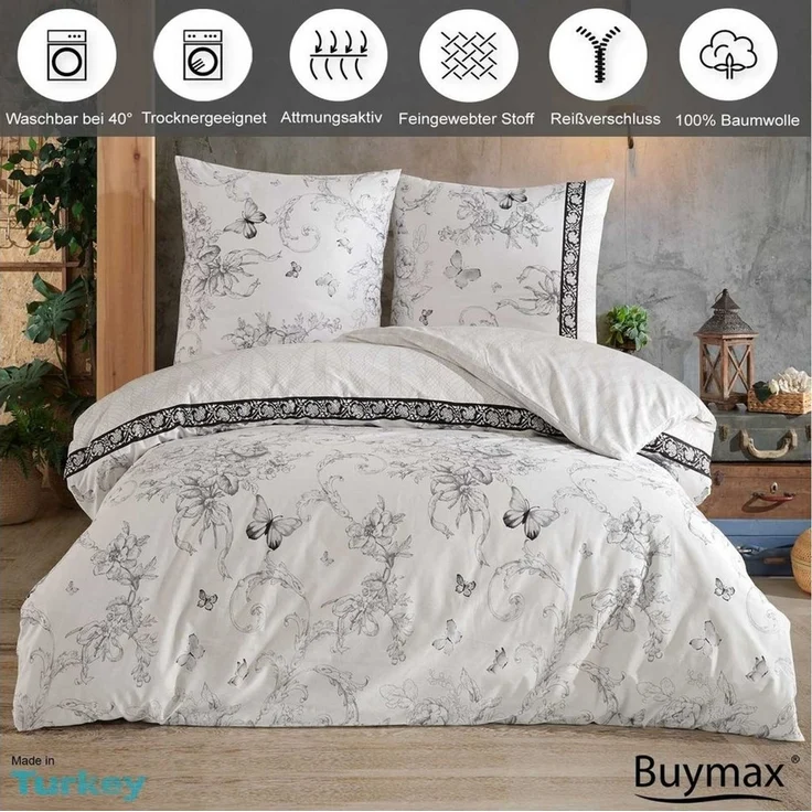 Buymax Bettwäsche Alegra, Renforcé: 100% Baumwolle, 4 teilig, 135x200 cm mit Reißverschluss, Geblümt Schmetterlinge, Schwarz Weiß – Bild 2
