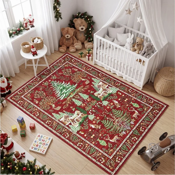GarveeMore Teppich Roter Festlicher Weihnachtsteppich im Boho-Stil mit Winterwald-Motiv, Höhe: 5 mm – Bild 3