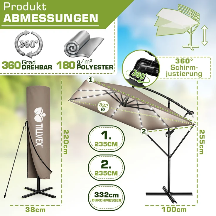 tillvex® Alu Sonnenschirm Rechteckig Ø 330 cm mit LED Solar Cappuccino + Abdeckung mit Kurbel | Ampelschirm mit Ständer & Windschutz | Gartenschirm UV-Schutz, wasserdicht, 360° drehbar | Kurbelschirm Marktschirm – Bild 2