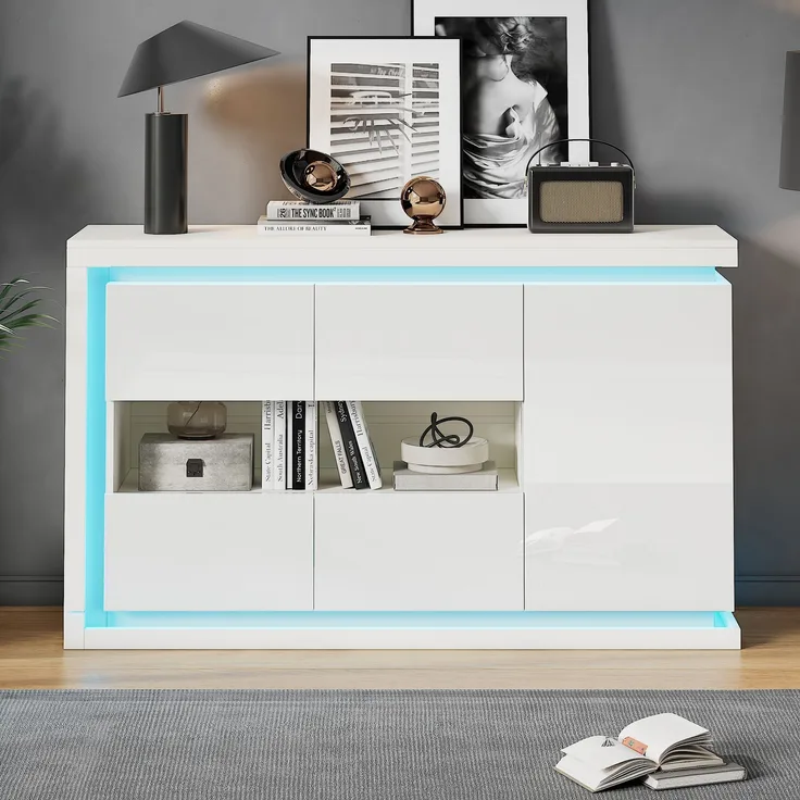 Sideboard Weiß, 140x40x84 cm mit Glastüren, LED & verstellbaren Fächern