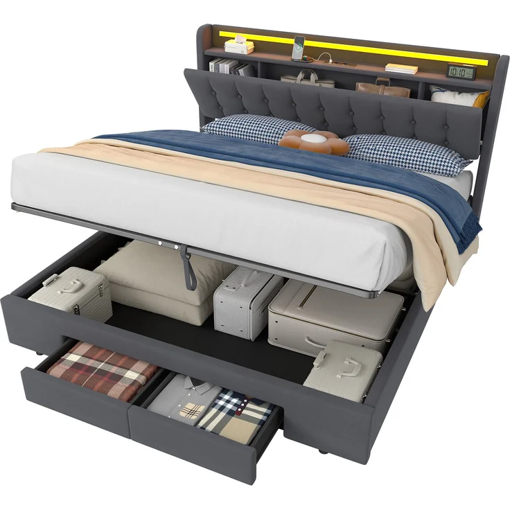 Polsterbett 180 x 200 cm, Samt, mit Bettkasten, Schubladen, USB-Anschluss und LED-Beleuchtung, Dunkelgrau – Bild 7
